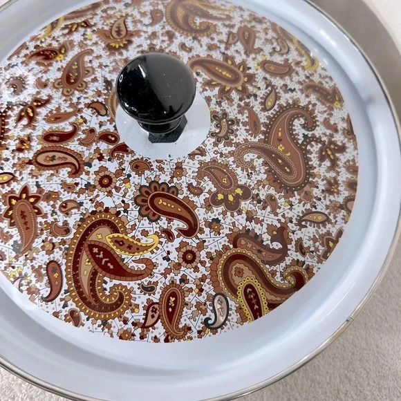 Vintage Enamelware Brown Paisley Frying Pan Skillet With Lid - Picture 6 of 16